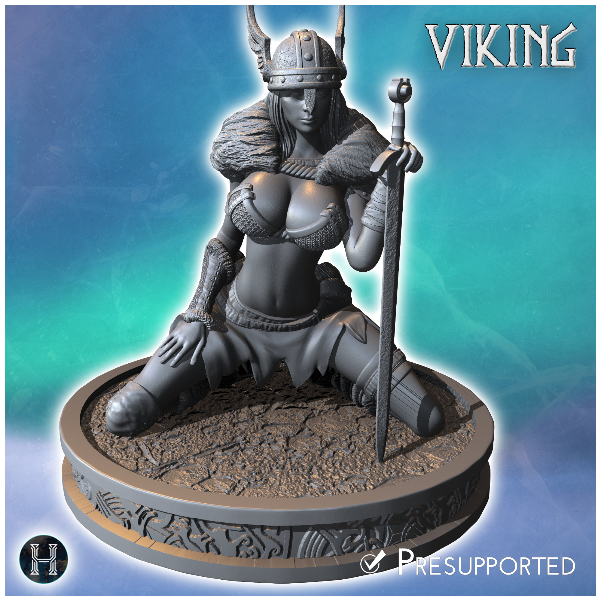Warrior woman kneeling, holding a spear with a helmet and fur cape on her shoulders (31) - North Northern Norse Nordic Saga 28mm 15mm Medieval Dark Age